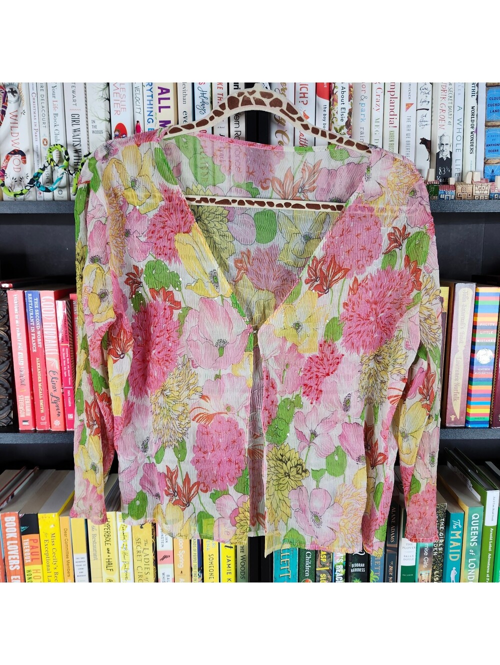 Floral Crinkle Beaded Sheer Blouse Women's Open Front Cardigan Top